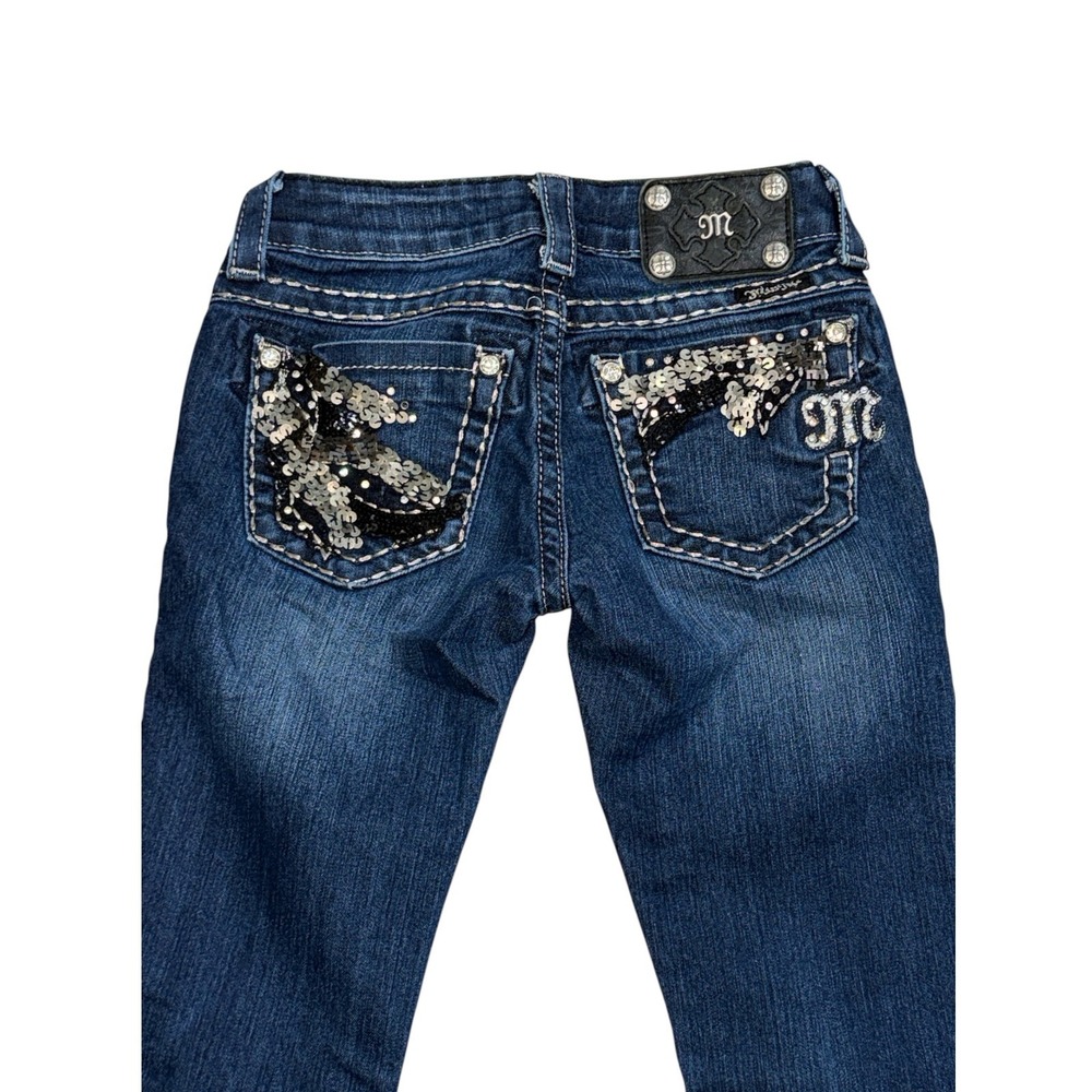 Miss Me Straight Leg Jeans Dark Wash Sequin Wing Pockets JES456T2N Womens 23